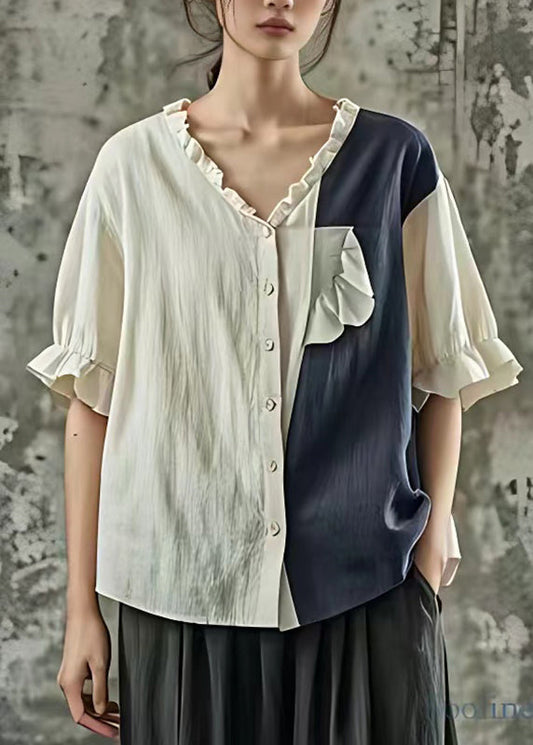 Blue Ruffled Patchwork Tops Short Sleeve