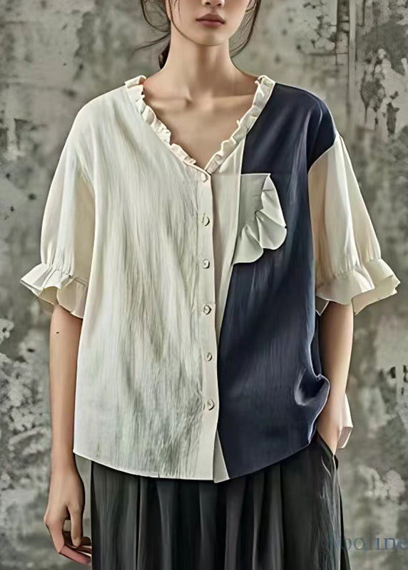 Blue Ruffled Patchwork Tops Short Sleeve