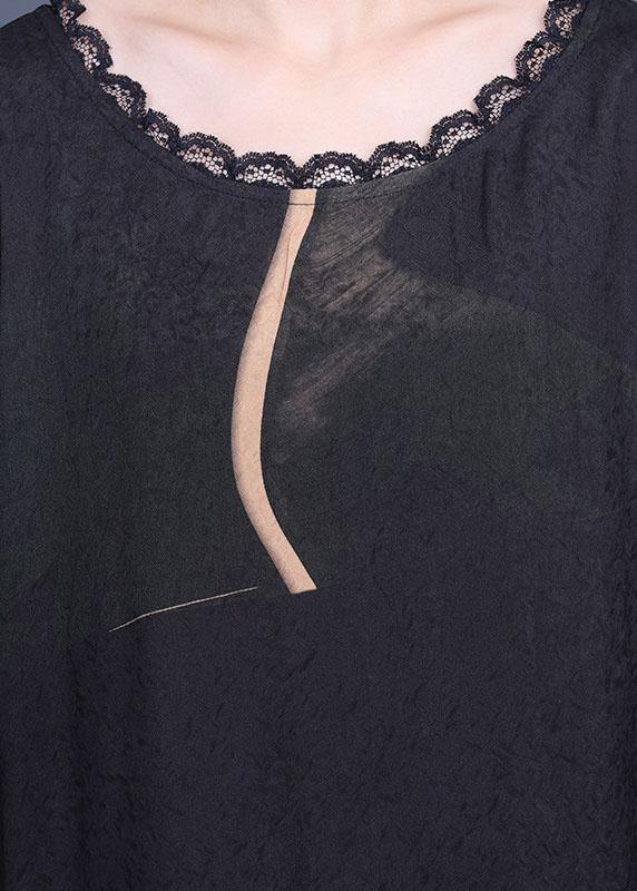Natural Black Silk Print Patchwork Lace Vacation Dresses Summer