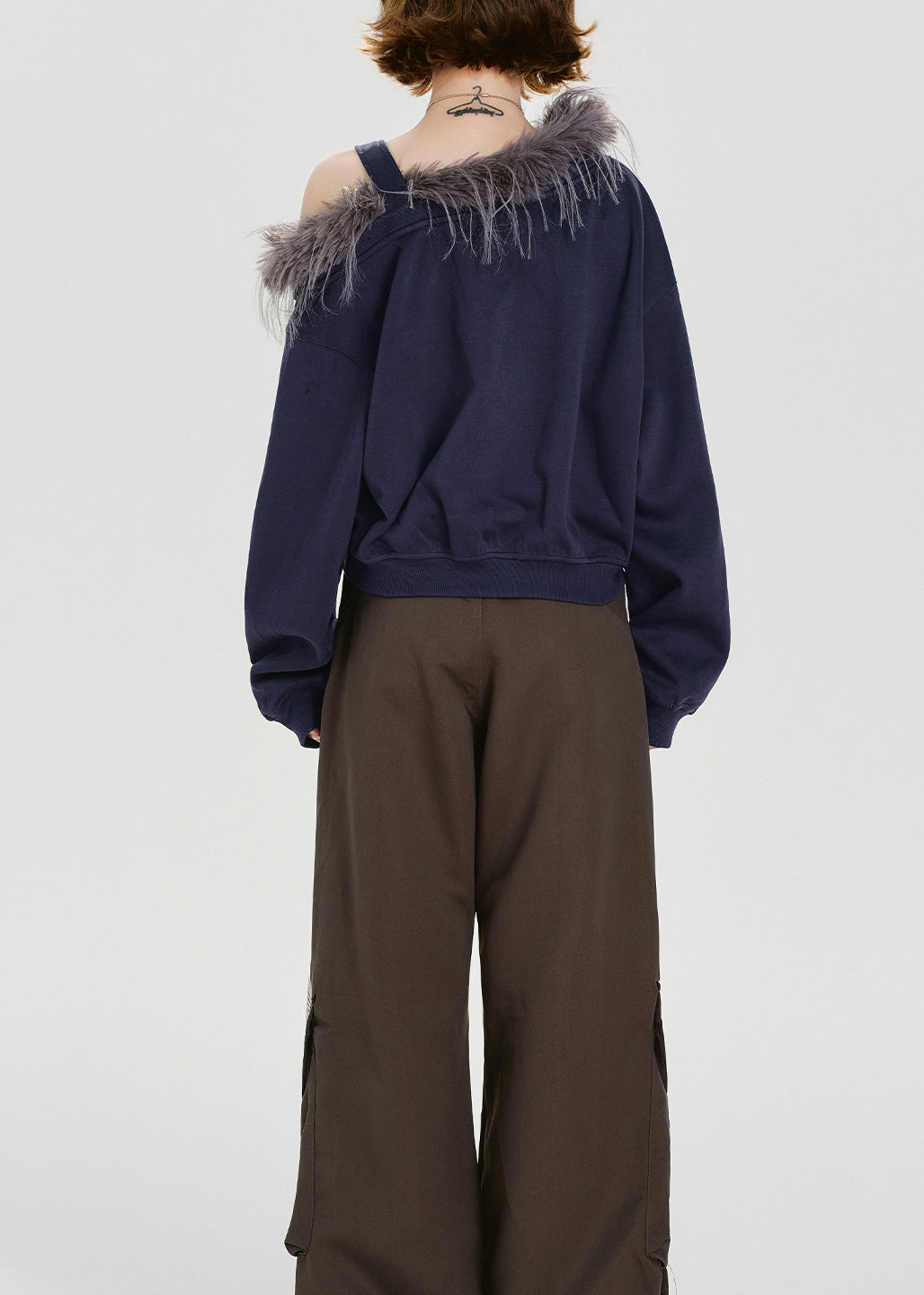 Navy Print Fur Collar Patchwork Cotton Tops Spring