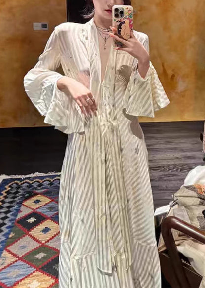 Striped Bow High Waist Long Dress Flare Sleeve