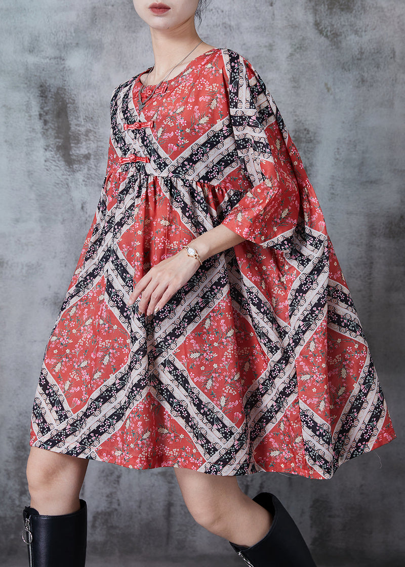Red Oversized Print Cotton Mid Dresses Summer