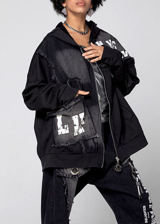 Black Zip Up Pockets Denim Coat Spring
