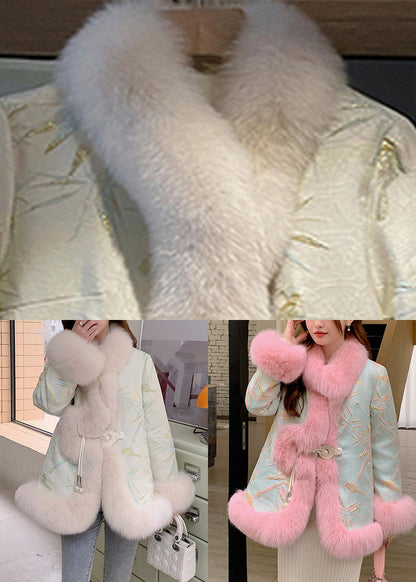 Beige Fox Collar Embroideried Leather and Fur Coats Winter