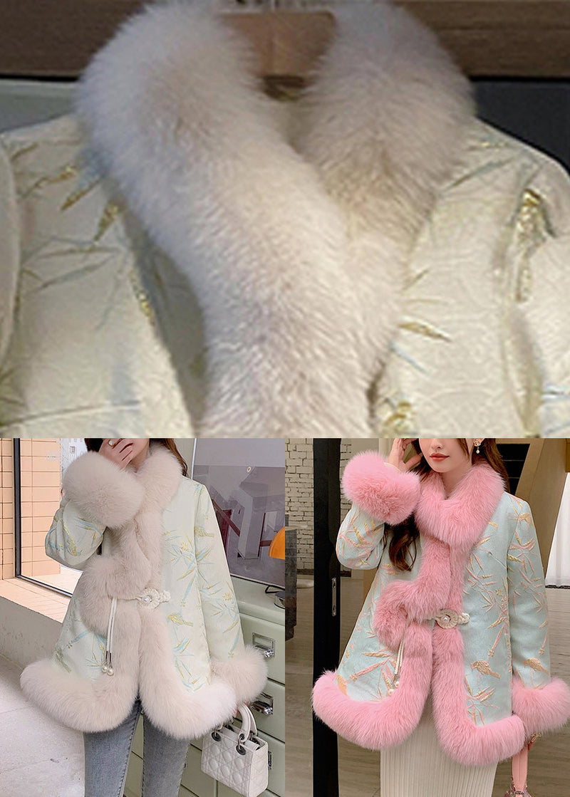 Beige Fox Collar Embroideried Leather and Fur Coats Winter