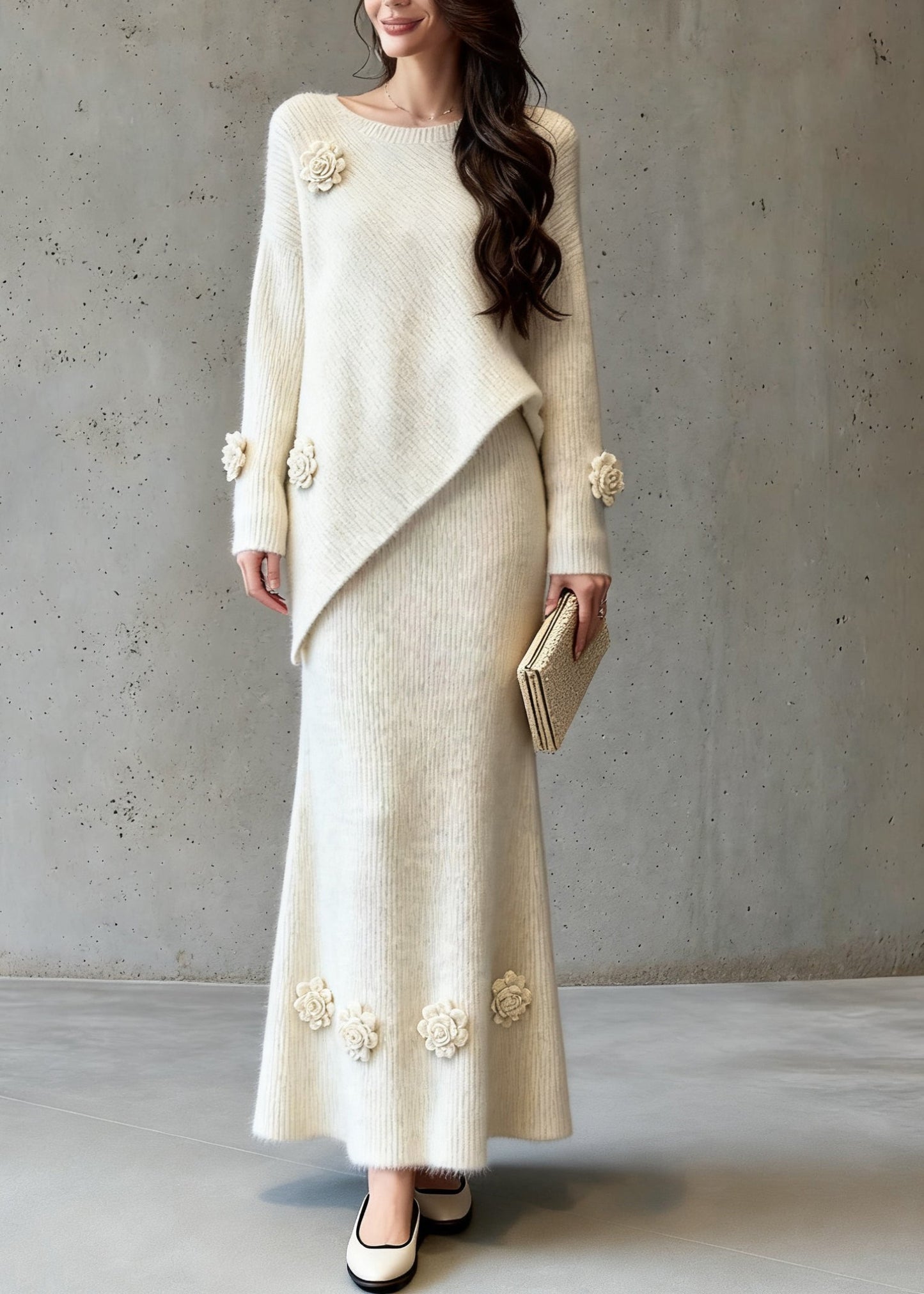 Natural Asymmetrical Cotton Knit Sweaters and a Line Skirts Two-piece Set Spring