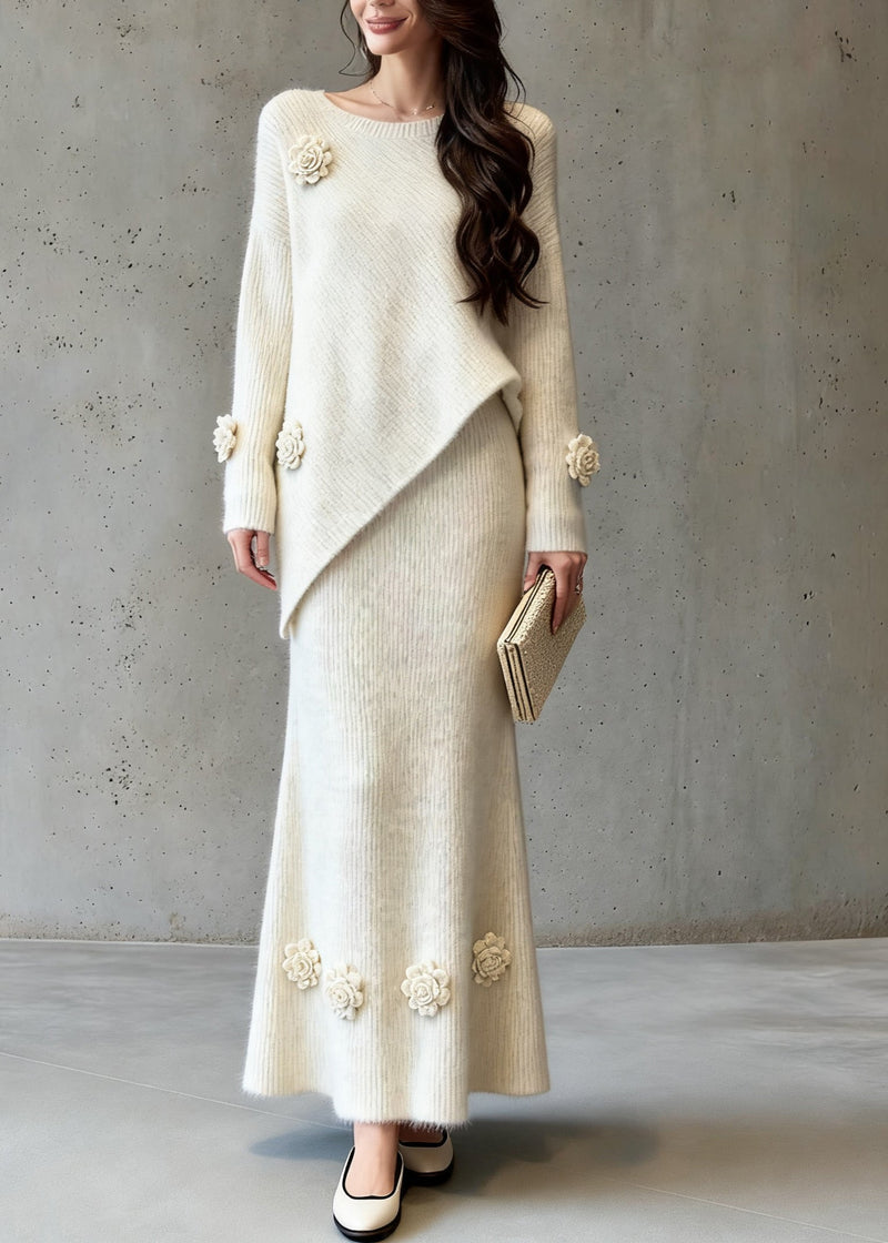 Natural Asymmetrical Cotton Knit Sweaters and a Line Skirts Two-piece Set Spring