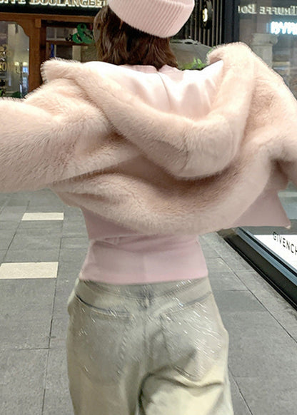 Pink Pockets Patchwork Fuzzy Fur Fluffy Hooded Parka Coats Winter