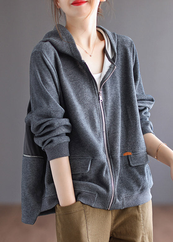 Grey Patchwork Cotton Hoodie Coat Spring