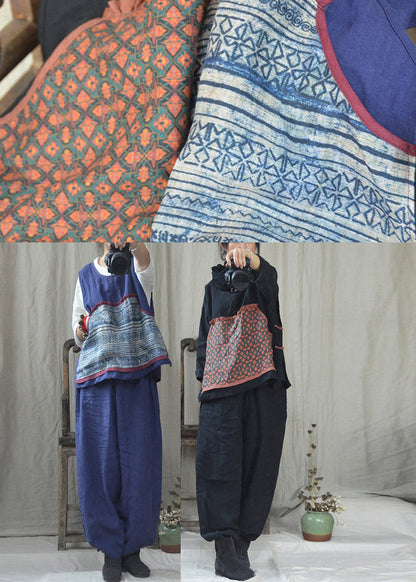 Blue O-neck Patchwork Linen Tank Top Fall