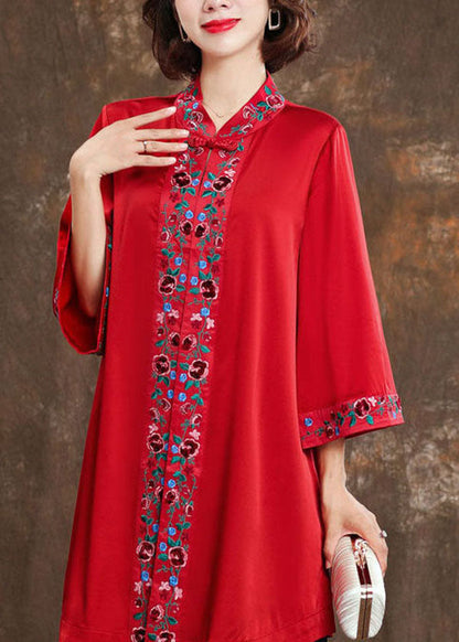 Red Stand Collar Silk Shirts Bracelet Sleeve