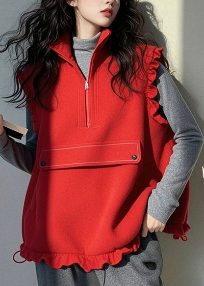 Red Ruffled Zippered Patchwork Cotton Vest Top Sleeveless