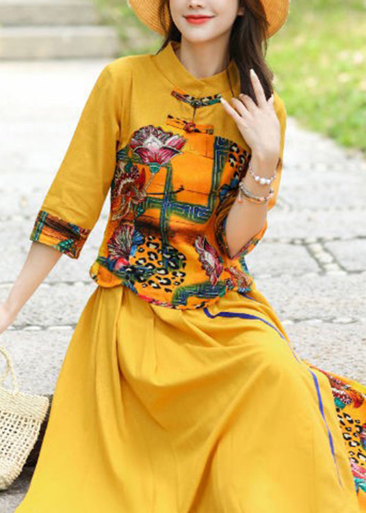 Stylish Yellow O-neck Print Top and Skirts Two Piece Set Fall