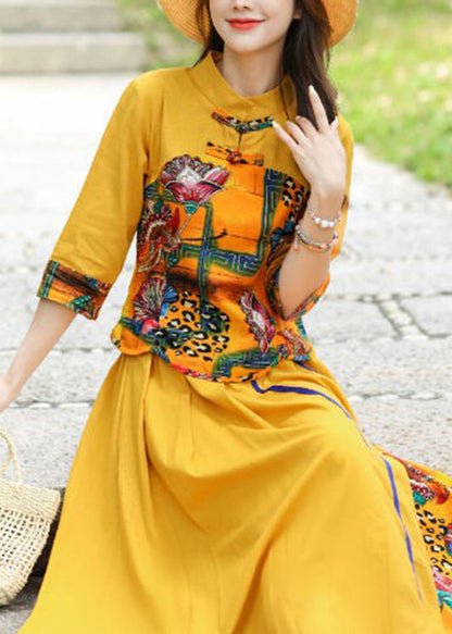 Stylish Yellow O-neck Print Top and Skirts Two Piece Set Fall
