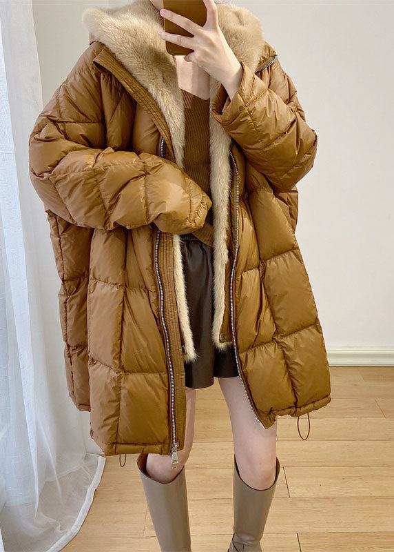 Simple Yellow Hooded Mink Hair Patchwork Duck Down Winter Down Coat