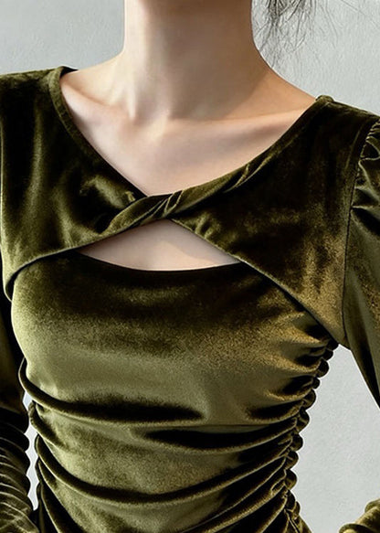 Green Wrinkled Hollow Out Silk Velour T Shirt Flare Sleeve