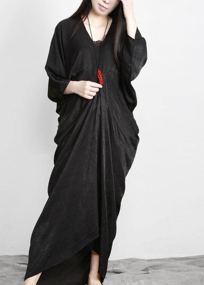 Unique Black Asymmetric V Neck Silk Party Dresses