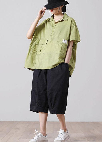 Green Pockets Cotton Blouse Tops Short Sleeve