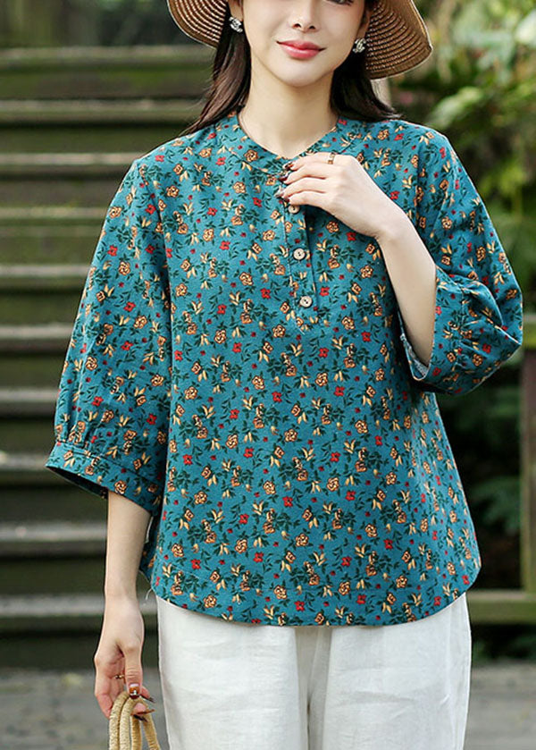 Blue Print Linen Loose Shirts for O-neck Button Bracelet Sleeve