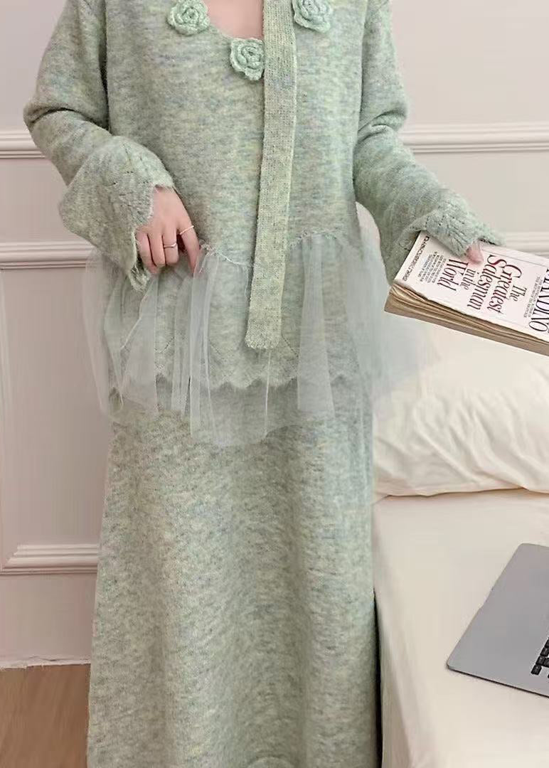 Blue Patchwork Knit Two Pieces Set Oversized Decorated Winter
