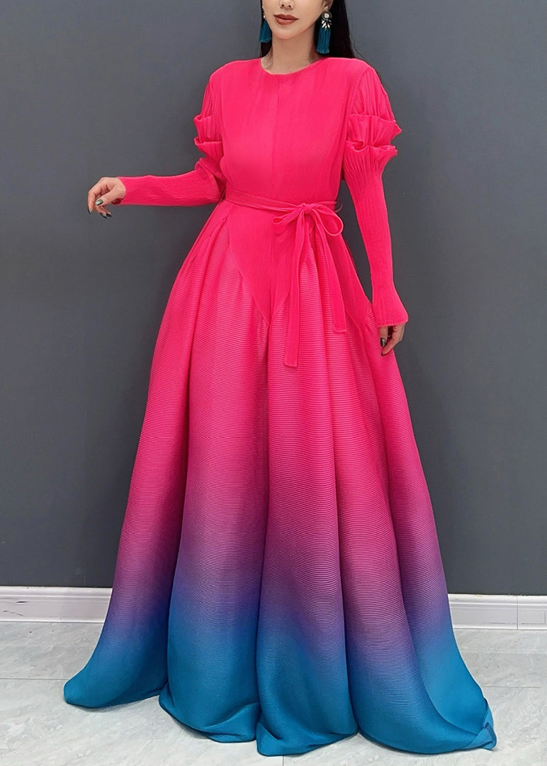 Red O-neck Gradient Color Maxi Dresses Long Sleeve