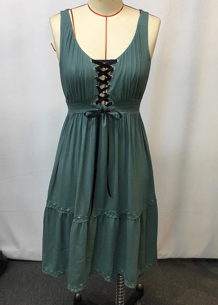 Green Ruffled Patchwork Long Spaghetti Strap Dress Sleeveless Summer