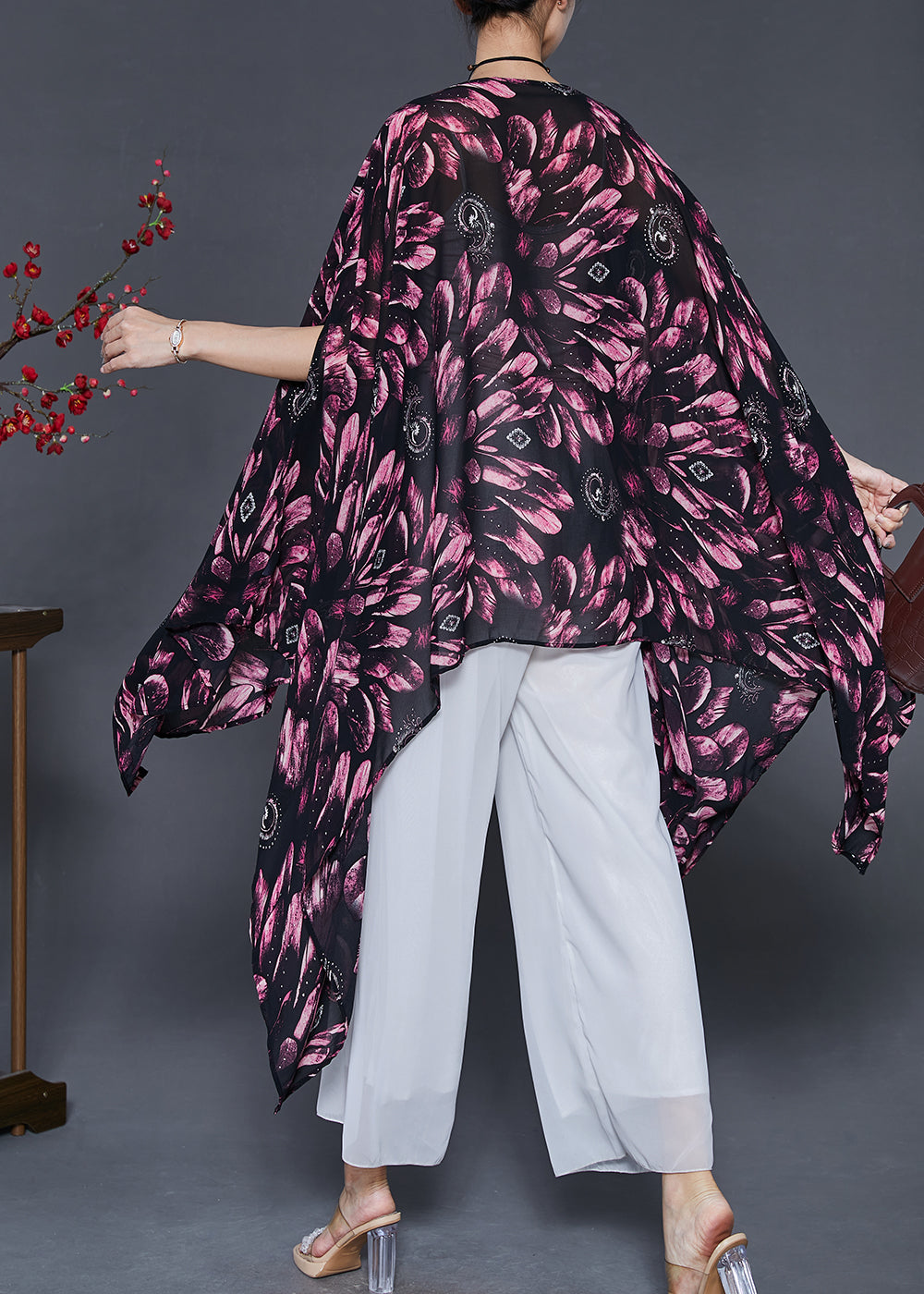 Red Print Chiffon Long Smock Asymmetrical Batwing Sleeve