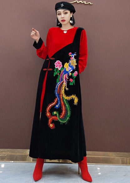 Red Oriental Embroideried Patchwork Velour Long Dresses Spring