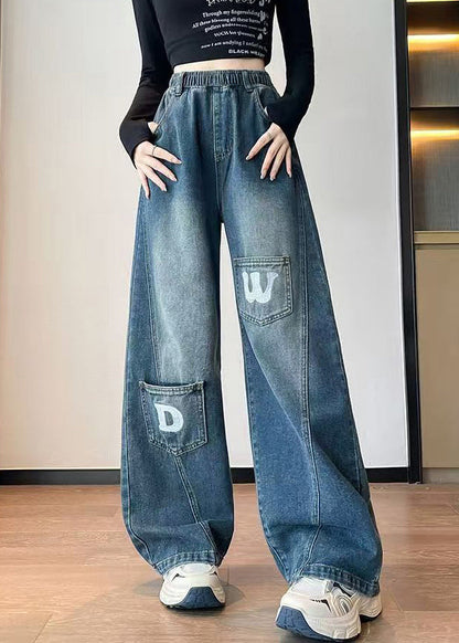 Blue Letter Pockets Elastic Waist Denim Pants Fall
