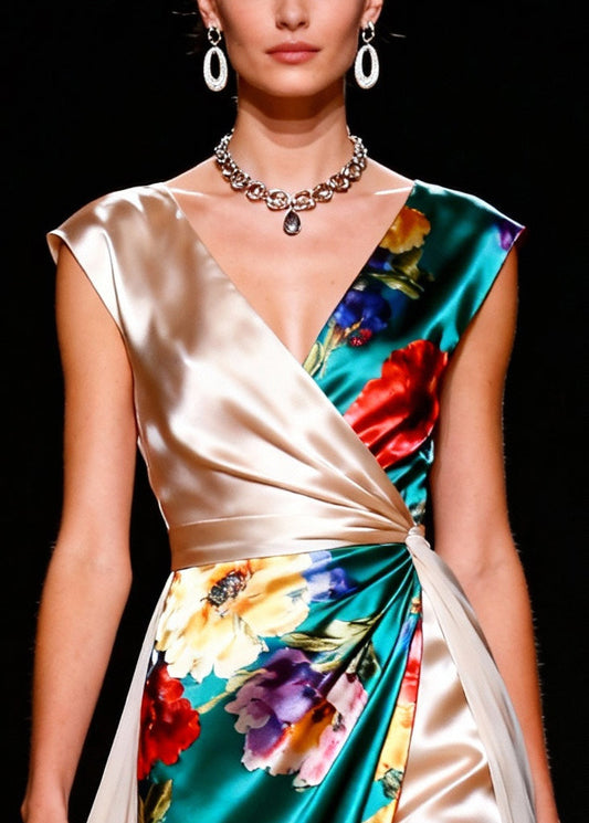 Colorblock Asymmetrical Patchwork Silk Party Dress Summer