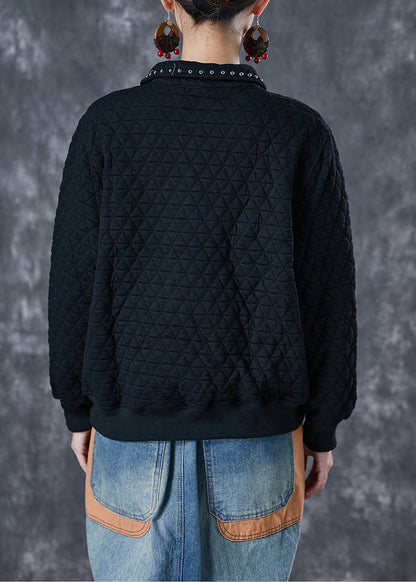 Black Letter Embroideried Rivet Cotton Pullover Sweatshirt Fall