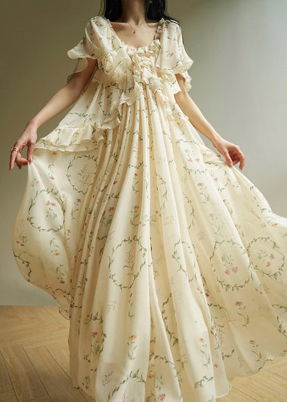 U Neck Ruffled Print Chiffon Long Dress Summer