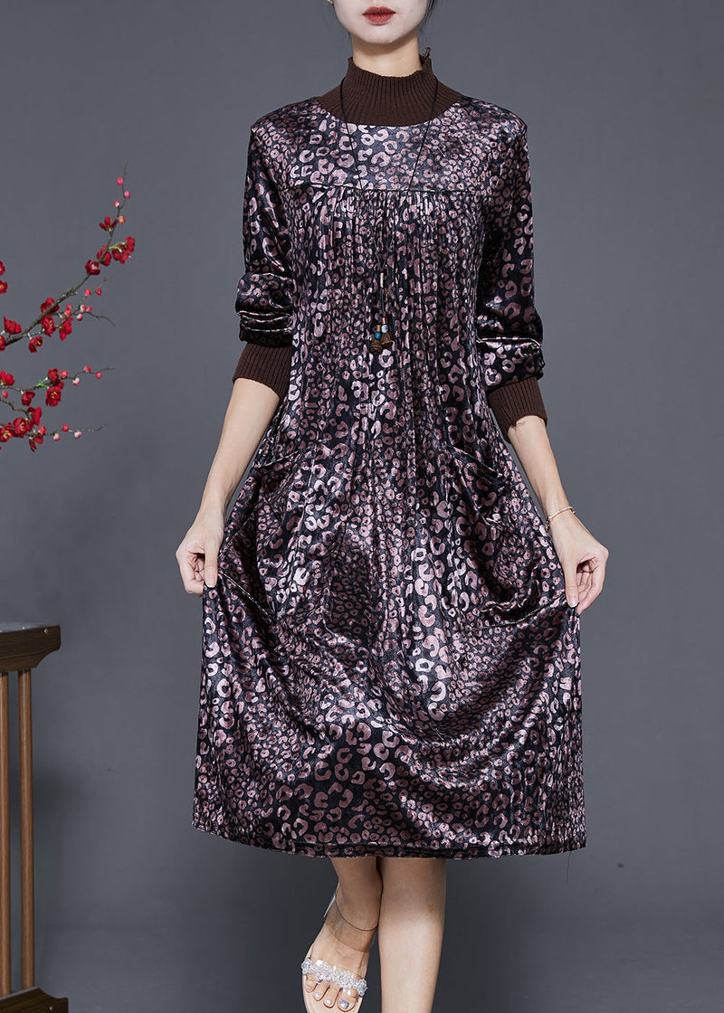 Dull Purple High Neck Print Silk Velour Dress Spring