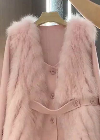 Italian Pink Fuzzy Fur Fluffy Waistcoat and Coat Woolen Sets 2 Pieces Winter