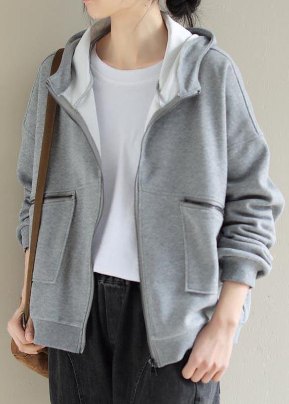 Simple Light Gray Coat for Woman Tops Hooded Zip Up Spring Coats