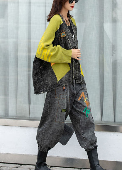 Street Denim Bat Wing Sleeve Patchwork Knit Button Fall Coat