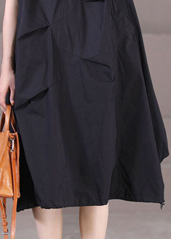 Italian Black O-neck Drawstring Cotton Long Dress Short Sleeve