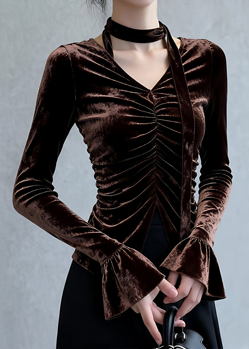 Coffee V Neck Wrinkled Silk Velour Top Flare Sleeve