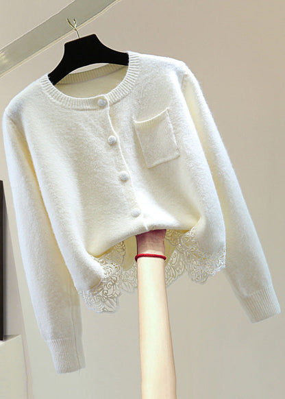 Light Green O-neck Lace Patchwork Cotton Knit Cardigan Spring