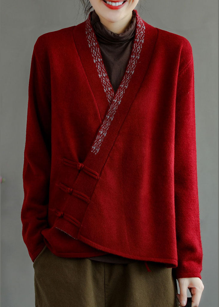 Blue Button V Neck Embroideried Woolen Coats Long Sleeve