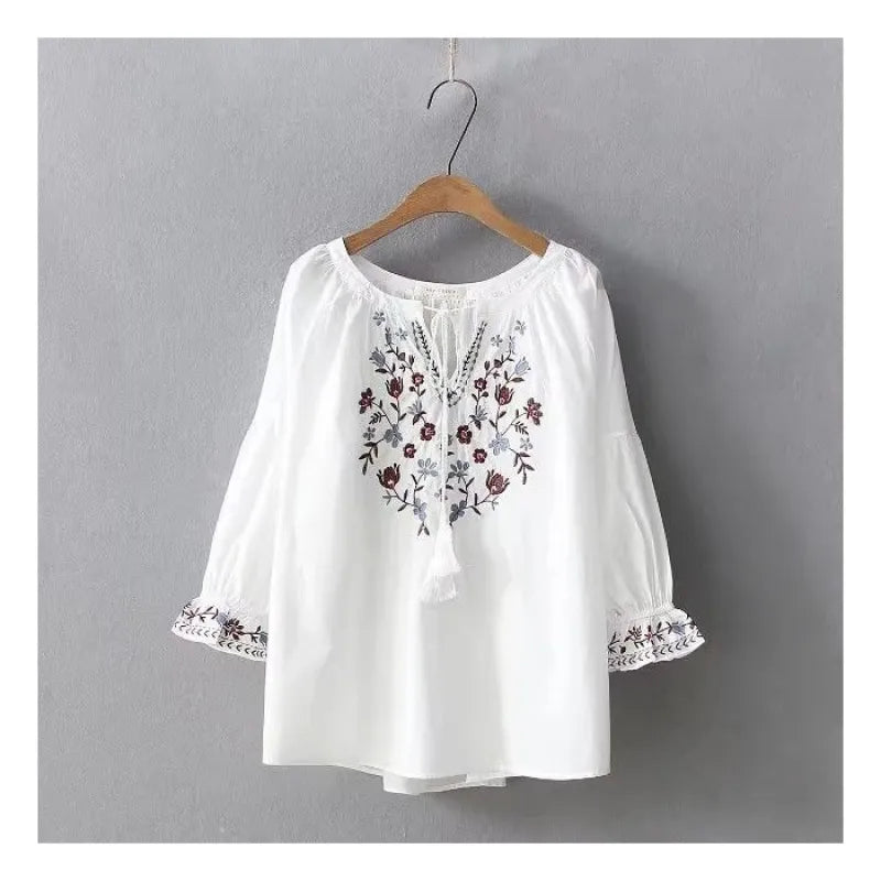 Loose Apricot Embroidered Button Patchwork Cotton Shirts Summer