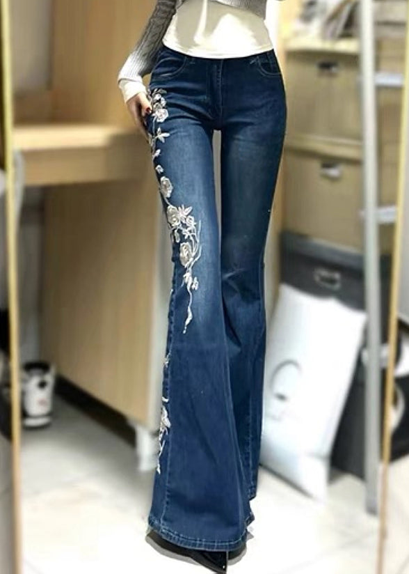 Blue Embroidered Pockets Denim Flared Trousers Spring