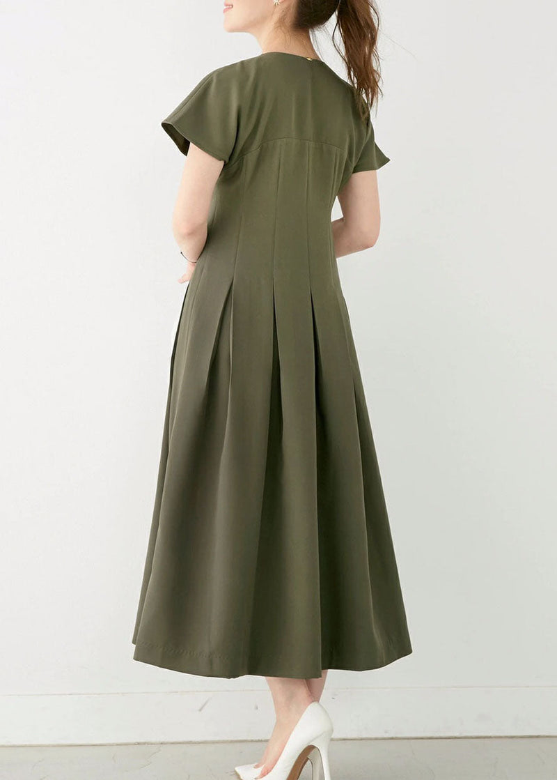 Green V Neck Patchwork Wrinkled Cotton Dress Summer