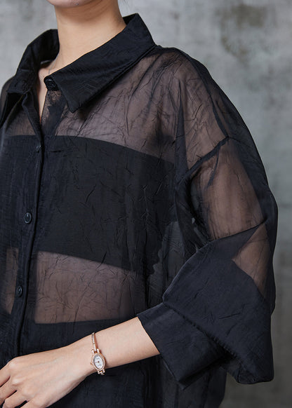 Black Oversized Back Hollow Out Tulle Long Shirts Summer
