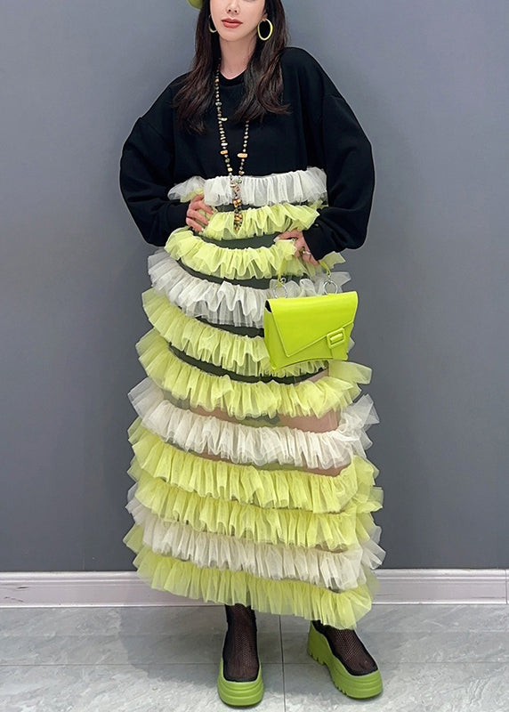 Yellow O Neck Tulle Patchwork Fluffy Dresses Long Sleeve