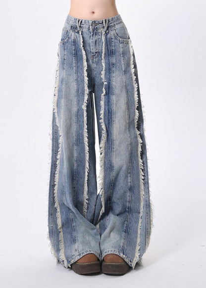 Blue Tasseled Patchwork Denim Straight Pants Spring