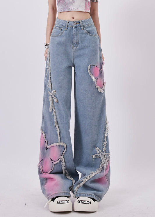 Blue Butterfly Patch Tassel Denim Straight Pants Spring