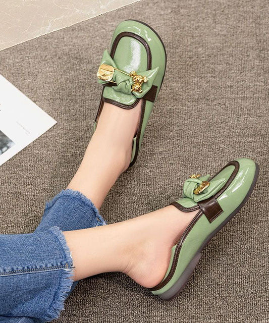 Comfy Green Faux Leather Splicing Bow Loafers for
