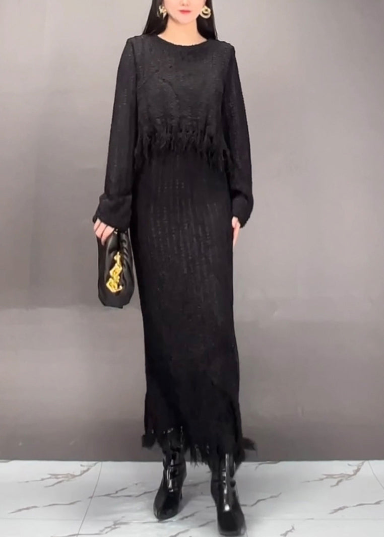 Stylish Brown O-neck Asymmetrical Tassel Top and Maxi Skirts Two Pieces Set Fall