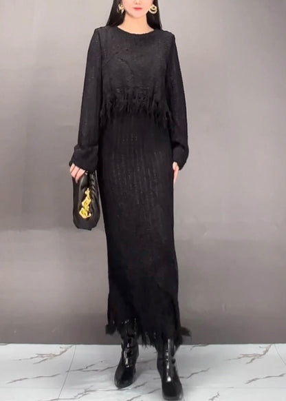 Stylish Brown O-neck Asymmetrical Tassel Top and Maxi Skirts Two Pieces Set Fall